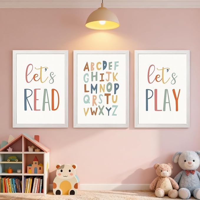 3 PCS Alphabet Framed Playroom Wall Decor,Classroom Must Haves Boho Educational ABC Poster Wooden Sign for Baby Girl Kid Boy Toddlers,Neutral Preschool English Letters Nursery Decor for Homeschool Kindergarten Kids Learning White