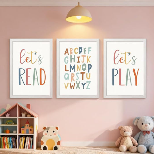 3 PCS Alphabet Framed Playroom Wall Decor,Classroom Must Haves Boho Educational ABC Poster Wooden Sign for Baby Girl Kid Boy Toddlers,Neutral Preschool English Letters Nursery Decor for Homeschool Kindergarten Kids Learning White