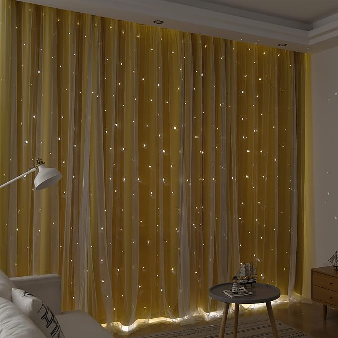 Kinryb Kids Blackout Curtains for Bedroom/Living Room/Classroom, Sheer Overlay 95 Inches 2 Panel Set, Double Layer Curtains with Star Cutout for Kids Room(W 52 x L 95 Inches,Yellow 2 Pcs)