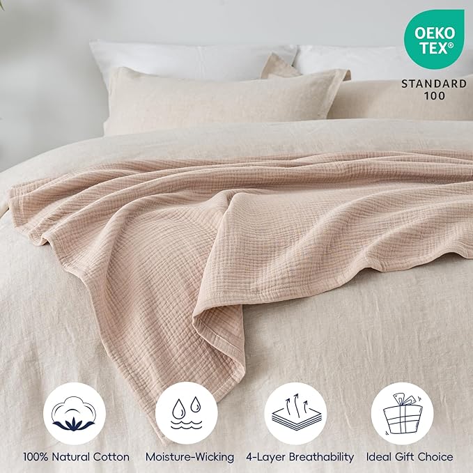 PHF 100% Cotton Muslin Throw Blanket 50" x 60", 4-Layer Lightweight Gauze Throw, Breathable Cloud-Soft Minimalist Blanket for Bed, Couch, Camping & Baby, Dusty Pink, Ideal Gift