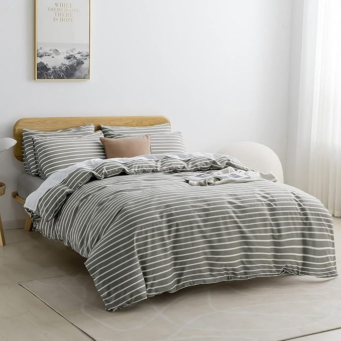 JELLYMONI King Duvet Cover Set, Cotton Duvet Cover 3 Pieces with Zipper Closure, 1 Duvet Cover and 2 Pillowcases(Gray with White Striped)