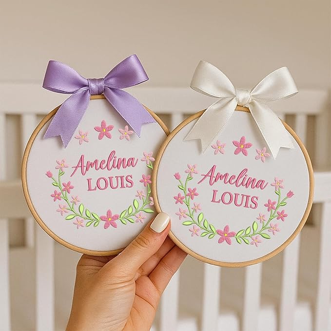 Personalized Baby Name Sign Welcome Baby Announcement Sign Newborn Baby Embroidery Hoop with Bows Baby Hospital Name Sign Custom Infant Baby Name Baby Shower Gifts (02)