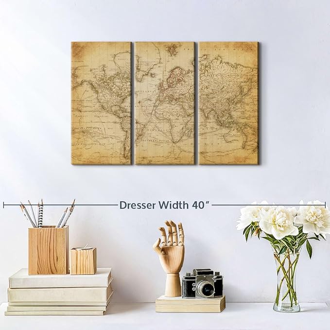 ElephantStock Old Century World Map Wall Art Multi Piece Canvas - 3 Piece Canvas World Map Wall Decor - Wall Decor - Ready-to-Hang Print - Vintage Wall Art - 23" X 14"