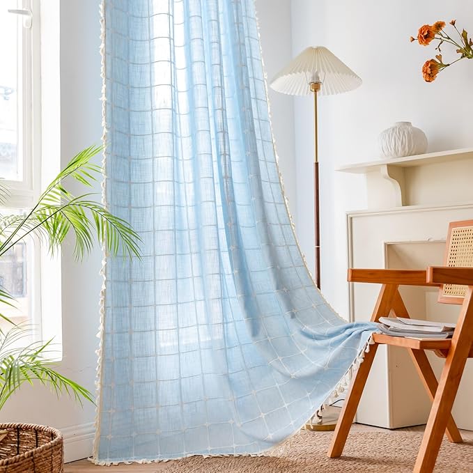 Deeprove Blue Boho Curtain 84 Inches Long for Kid Boy's Bedroom Nursery Room, Cotton Linen Lattice Plaids Embroidery Semi Blackout Bohemian Window Treatment Grids Drape Tassels, 1 Panel W52 x L84