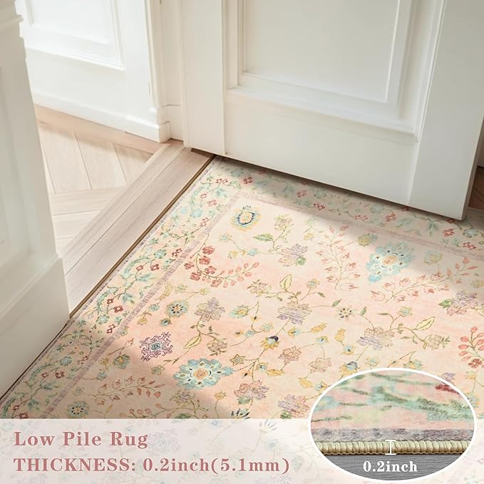 6x9 Rugs for Living Room, Pink Washable Floral Area Rug for Bedroom, Soft Non Slip Indoor Low Pile Carpet for Kitchen Dining Room, Large Boho Throw Carpets for Nursery Office Dorm Playroom Home Decor