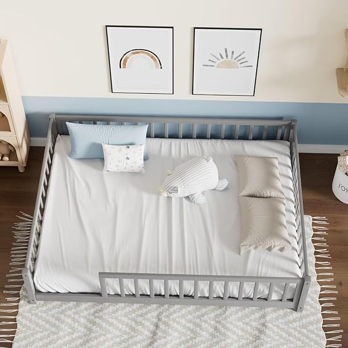 LLS Full Floor Bed for Kids Toddlers, Solid Wood Multifunctional Montessori Bed Frame with Safety Guardrails, Without Door, Easy Assemble, Grey