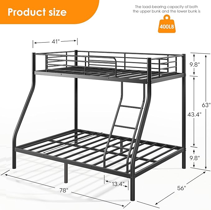 Twin Over Full Bunk Bed for Adults, Metal Bunk Beds Twin Over Full Size for Teens Dorm Bedroom Guest Room, Heavy Duty Bunk Beds with Ladder & Guardrail, No Box Spring Needed, Black