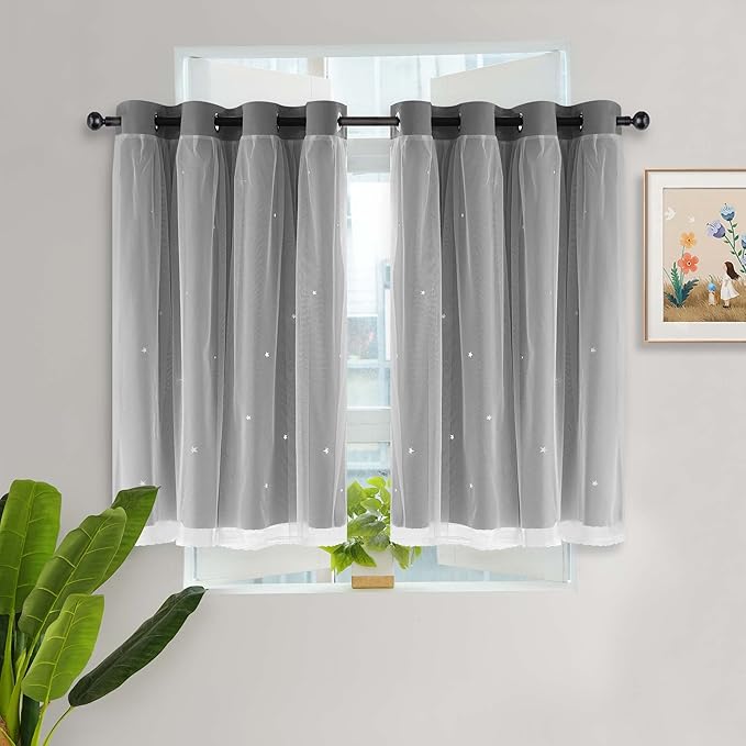 Kinryb Kids Blackout Curtains for Bedroom/Living Room/Classroom, Sheer Overlay Small 2 Panel Set, Double Layer Curtains with Star Cutout for Kids Room(W 52 x L 36 Inches,Grey 2 Pcs)