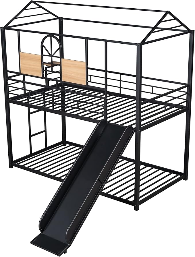 MERITLINE Metal Bunk Bed Twin Over Twin Bunk Bed Frame with Slide,Twin Over House Bed with Guardrails