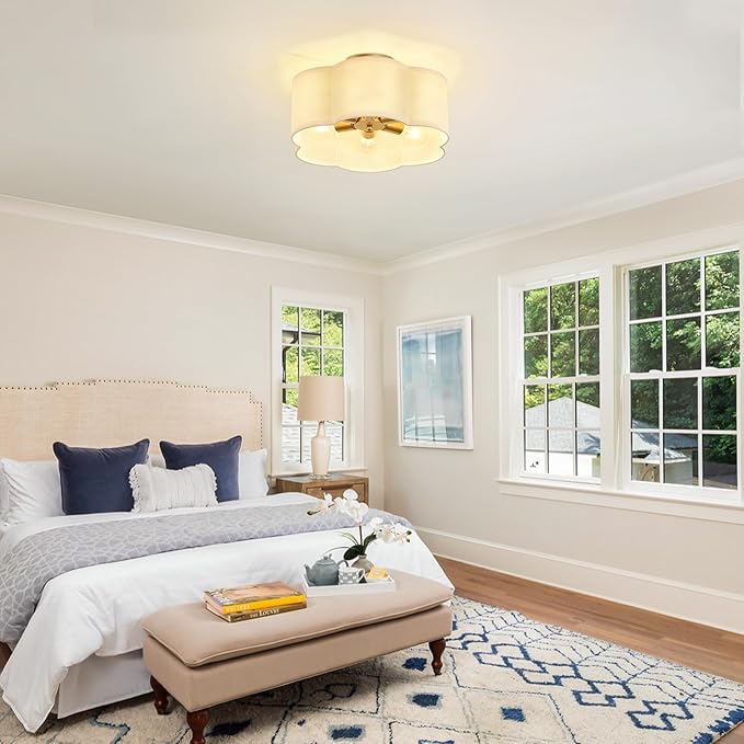 Gold 6-Light Semi Flush Mount Ceiling Light, White Fabric Close to Ceiling Light Fixtures, Clover Drum Ceiling lamp