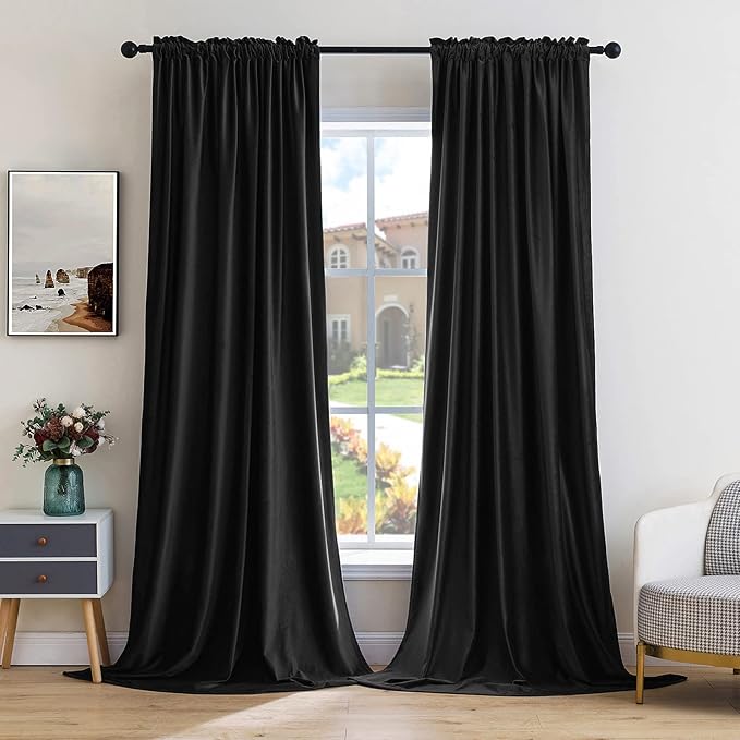 MIULEE Black Velvet Curtains Thermal Insulated Blackout Halloween Curtain Drapes for Bedroom Living Room Darkening 90 Inches Long Curtains Panels Rod Pocket Set of 2