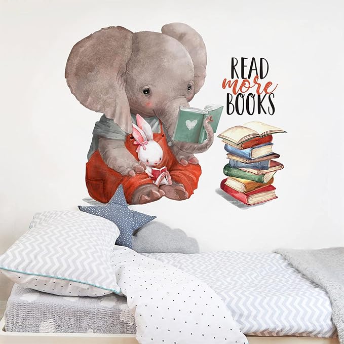 Mfault Inspirational Elephant Bunny Read More Books Wall Decals Stickers, Motivational Rabbit Animals Nursery Decorations Classroom Bedroom Art, Watercolor Neutral Toddler Kids Room Home Decor Gift