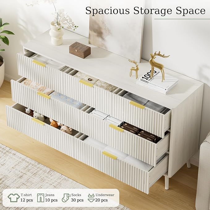 LYNSOM 55" Wide Fluted Dresser for Bedroom with 6 Drawer, Modern Chest of Drawers with Curved Profile Design and Metal Handles, Wood Dresser TV Stand & Storage Organizer for Living Room, White