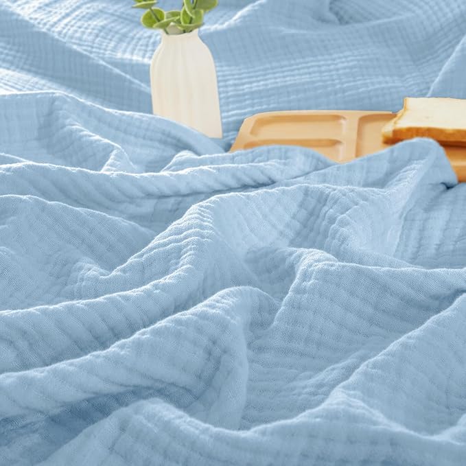 PHF 100% Cotton Muslin Blanket King Size 108"x90", 4-Layer Lightweight Gauze Throw, Breathable Cloud-Soft Minimalist Blanket for Bed, Couch, Camping & Baby, Sky Blue, Ideal Gift