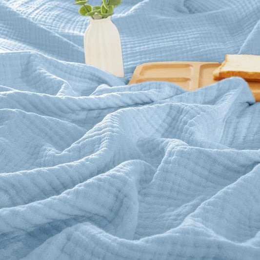 PHF 100% Cotton Muslin Blanket King Size 108"x90", 4-Layer Lightweight Gauze Throw, Breathable Cloud-Soft Minimalist Blanket for Bed, Couch, Camping & Baby, Sky Blue, Ideal Gift