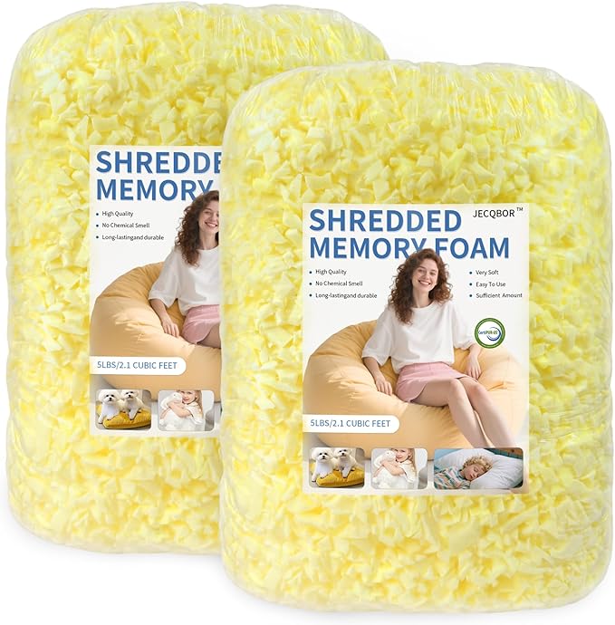 Jecqbor Bean Bag Filler: High-Density Ergonomic 10lbs Shredded Memory Foam Filling with Vacuum-Packed DIY Stuffing for Dog Beds, Punching Pillows & Kids Bean Bag Chair Refills