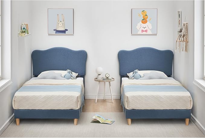 GarveeHome Upholstered Twin Size Bed Frame for Kids with Scallop Headboard, Cute Velvet Twin Bed for Girls, Boys, Sturdy Platform Bed, No Box Spring Needed, Wooden Slats, Noise Free, Blue