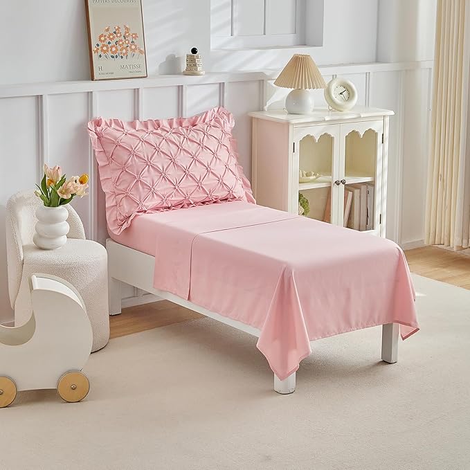 DuShow Princess Toddler Bedding Set for Girls,4 Pieces Ruffles Toddler Bed Set,Ultra Soft Kids Pink Sheet Set Includes Comforter,Flat Sheet,Fitted Sheet and Pillowcase