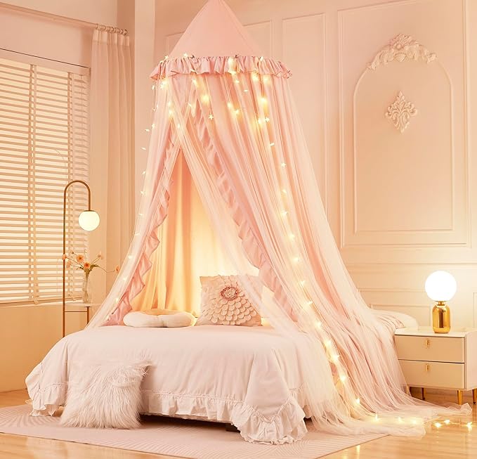 Mengersi Bed Canopy for Girls,Princess Round Dome Canopy Bed Curtains-Dreamy Mosquito Net Castle Play Tent Castle for Girls Room Decor (Beige Pink/Double)