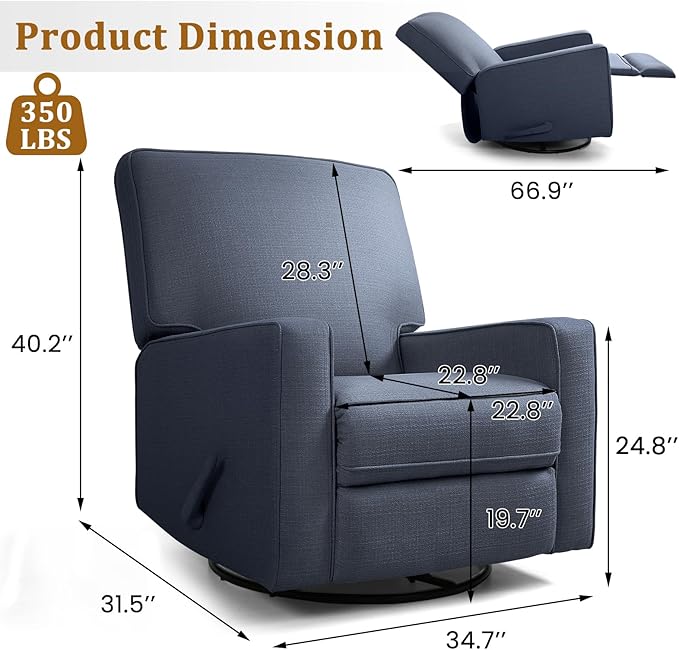 Swivel Rocker Recliner Chair for Adults, High Back Fabric Recliner with Deep Seat, Manual Glider for Living Room & Nursery, Blue