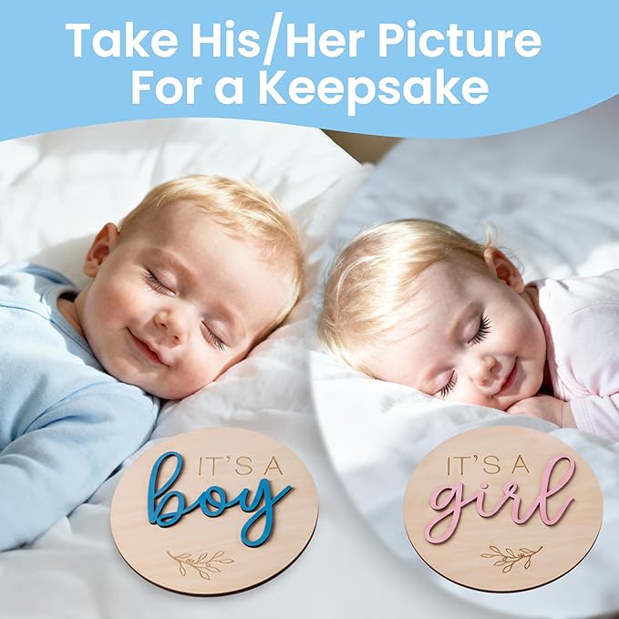 2-in-1 Gender Reveal Sign and Hello World Announcement Signs, It's a Boy or Girl Sign Newborn Announcement Set, Wooden Baby Welcome Sign for Hospital, Nursery he or she signfor Newborn Boys and Girls