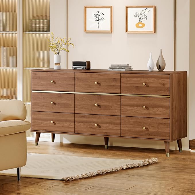 9 Drawer Dresser,63" Wide Mid Century Modern Chest of Drawers,Wooden Bedroom Drawer Dresser with 9 Storage Drawers for Bedroom, Living Room,with Anti-Tipping Device,Tan