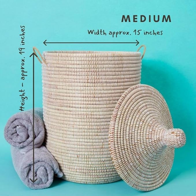Wicker Basket, Storage & Organization, Home Decor, Laundry Hamper Bedroom, Baby Nursery Toys Bin, Blankets Storage Living Room, Bathroom Towels Holder, Woven, Round, Lid, Handles, White, Small