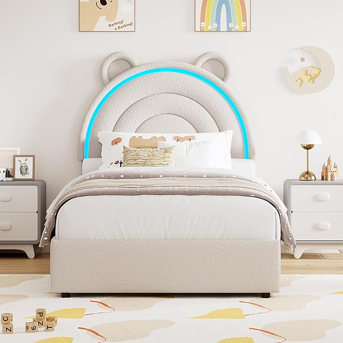 Garvee Twin Size Bed Frame with 2 Storage Drawers & LED Lights, Velvet Upholstered Platform Bed with Rainbow Headboard for Kids/Boys, Solid Wood Slats Support, No Box Spring Needed, Grey