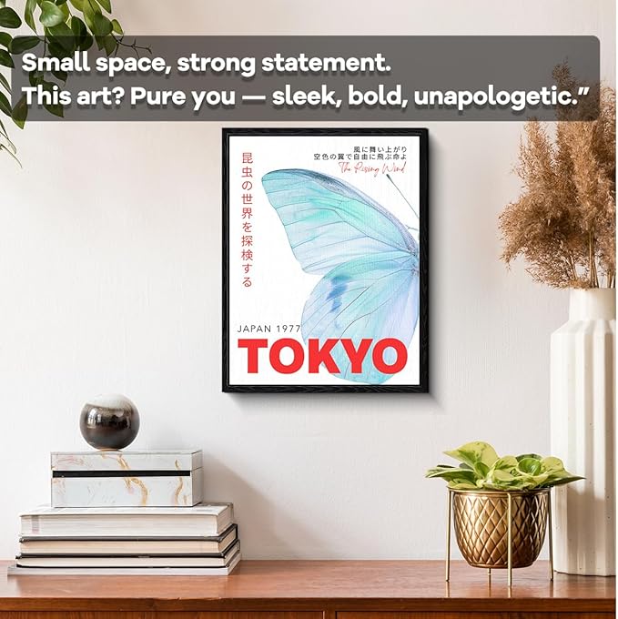 Tokyo Butterfly Wall Art, sky blue butterfly, Japanese retro wall decor, matte finish framed canvas print, Tokyo travel poster artwork, for travel lovers gift, 12x15 inch