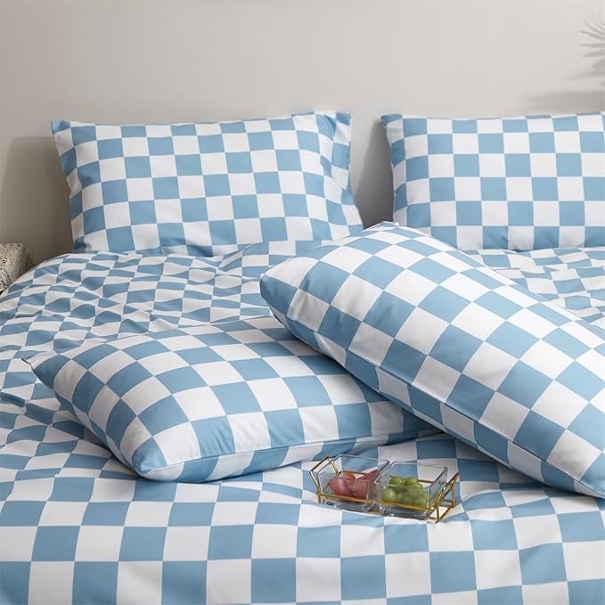 Houseri Light Blue White Plaid Twin Size Duvet Cover Boys Girls Kids Baby Blue Buffalo Checkered Bedding Set Twin Aqua Blue Grid Checkerboard Bedding Duvet Cover Preppy Bedding Duvet Cover Sets Twin