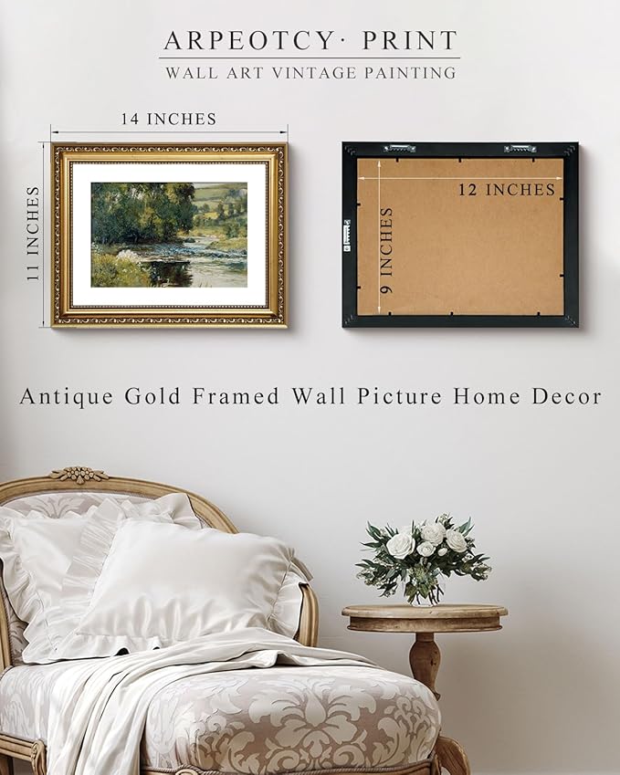 ARPEOTCY Vintage Gold Framed Wall Art, Nature Streamside Retro Paintings, Canvas Prints Artwork with Antique Frame, Victorian Wall Pictures Decor for Living Room Gallery Room 11x14 inch