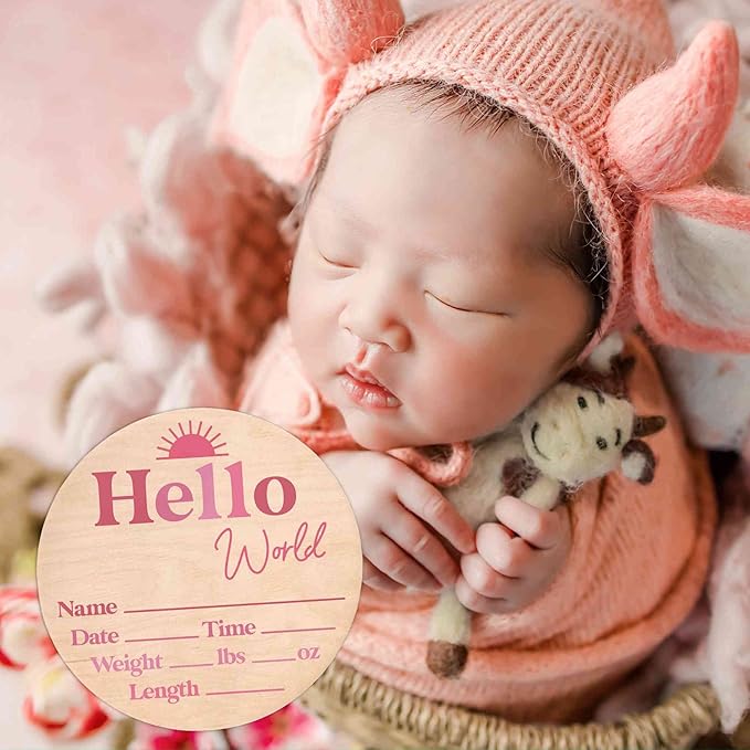 Hello World Newborn Sign - Baby Name Birth Stats Announcement Plaque for Hospital - Photo Prop - Pink Nursery Decor - Shower Gift