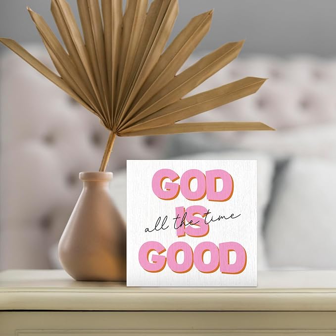 Christian Wood Box Sign - Inspirational Quotes Desk Shelf Decor, Bible Verse Decor, God is Good All the Time Pink Christian Wooden Block Plaque Box Sign for Teen Girl Room Dorm Decorations