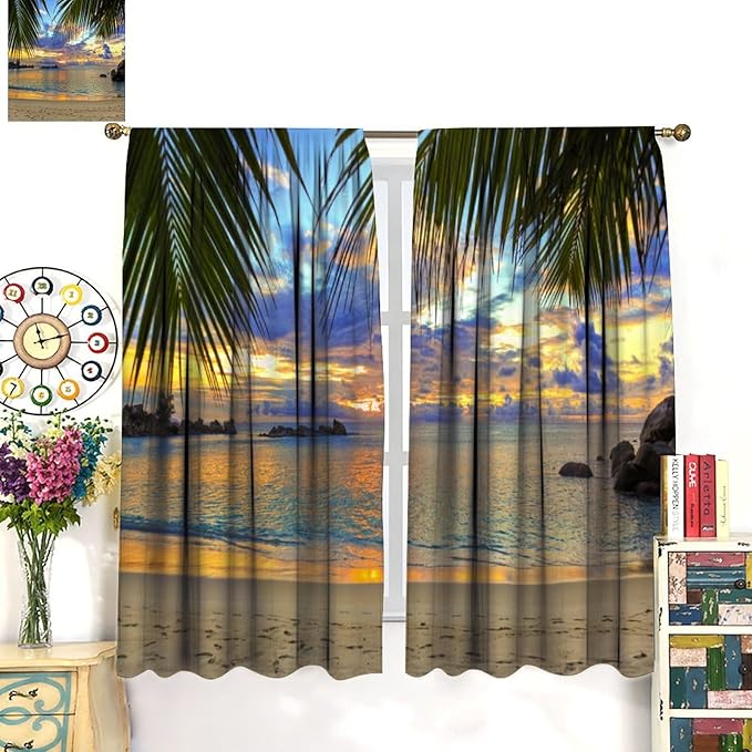 Ocean Beach Curtains,Sunset on Beach in The Evening Hawaiian Seaside Scene Pattern Print Decor Home Bedroom Living Room Window Treatments 2 Panel Set 42x45 Inch