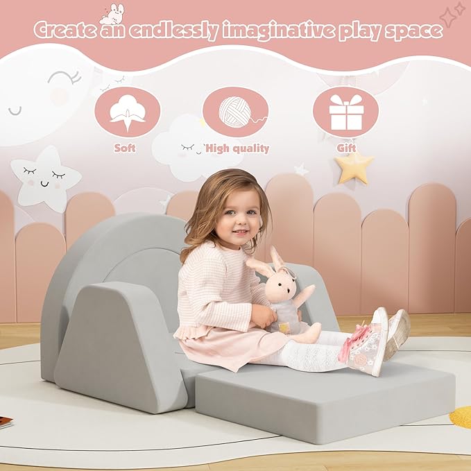 7 PCS Modular Kids Play Block Couch Child Sectional Sofa Toddler Building Fortplay Bedroom Playroom Baby Convertible Floor Foam Cushion for Boys & Girls (Light Gray-Single)