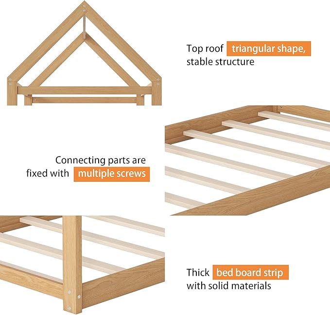 Merax Twin Size Wooden House Bed, Wood Color