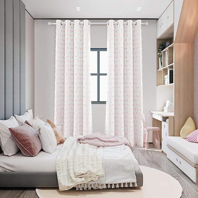 MYSKY HOME 100% Blackout Curtains for Girls Bedroom 95 Inch Long Total Light Blocking Curtains for Living Room 2 Panels Grommet Sliding Door Room Darkening Drapes with Pink Pom Pom Sheer 52 x 95 Inch