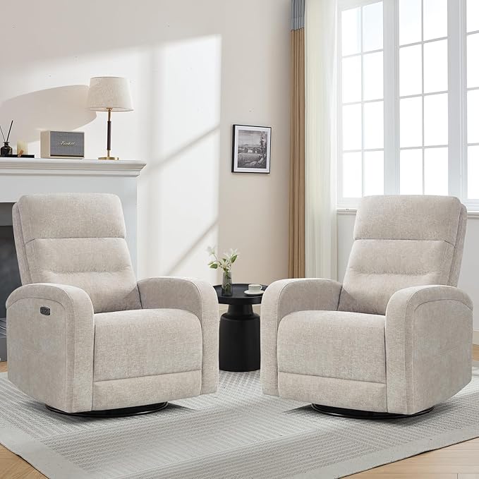 Glider Recliner Nursery Chair, Power Swivel Rocker Recliner with Adjustable Backrest Support, Swivel Rocking Nursery Recliner Chairs with USB and Type-C Ports for Living Room, Chenille Camel