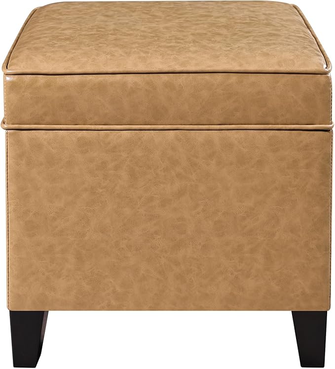 Adeco 17" Storage Ottoman Foot Rest Stool, Light Yellow Leather Ottoman with Black Solid Wood Legs and Hinged Lid, Small Foot Stool for Living Room, Bedroom