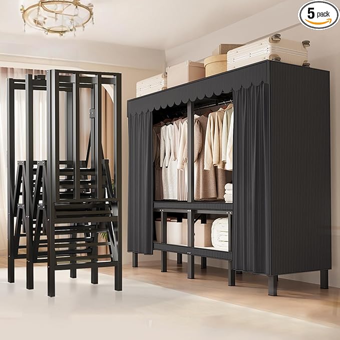 FPIGSHS Heavy Duty Clothes Rack with Cover Foldable Covered Clothes Rack for Hanging Clothes portable Wardrobe Closet System Freestanding Coat Storage Garment Racks for bedroom (black, 75in)