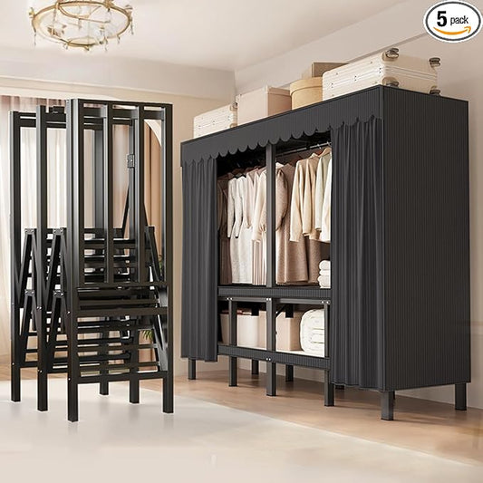 FPIGSHS Heavy Duty Clothes Rack with Cover Foldable Covered Clothes Rack for Hanging Clothes portable Wardrobe Closet System Freestanding Coat Storage Garment Racks for bedroom (black, 75in)