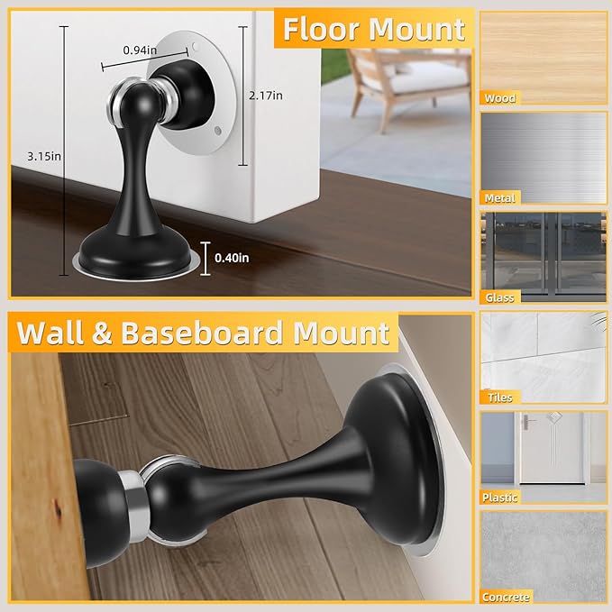 YDAJIURI 2Pack Magnetic Door Stop No Drilling Door Stop with 3D Adhesive Tapes Keep Door Open Door Stainless Steel Screws for Stronger Mount (Black)