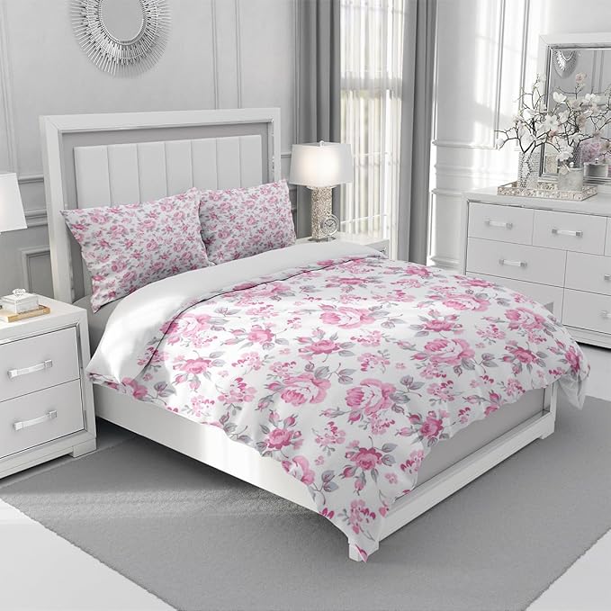 Floral Duvet Cover Twin Teen Girl Botanical Flower Coquette Bedding Comforter Cover Soft with 2 Pillowcases Cottagecore Twin Duvet Cover with Zipper Ties,3 Piece Bedding Sets
