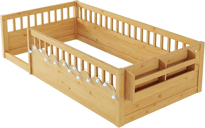 KEIKI Twin Size Floor Bed w/Light & Storage, Wood Montessori Platform Bed Frame w/Safety Rails, Space Saving Kids Beds for Boys Girls Bedroom Playing Room, Easy Assembly Bedframe, Noise Free, Brown