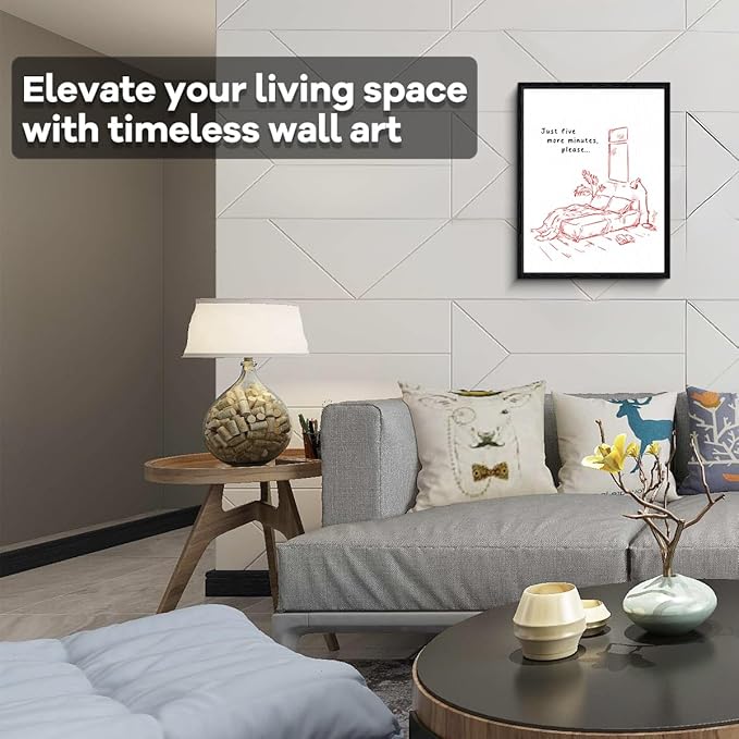 Sleep Quote Wall Art, just five more minutes message, minimalist line art wall decor, matte finish framed canvas print, bedroom humor poster artwork, for night owls gift, 12x15 inch