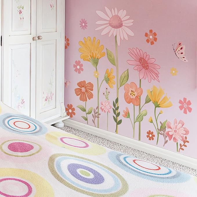 Boho Flower Wall Stickers - Daisy Wildflower Wall Decals with Butterfly Floral Design for Girls Bedroom, Baby Nursery, Kids Room