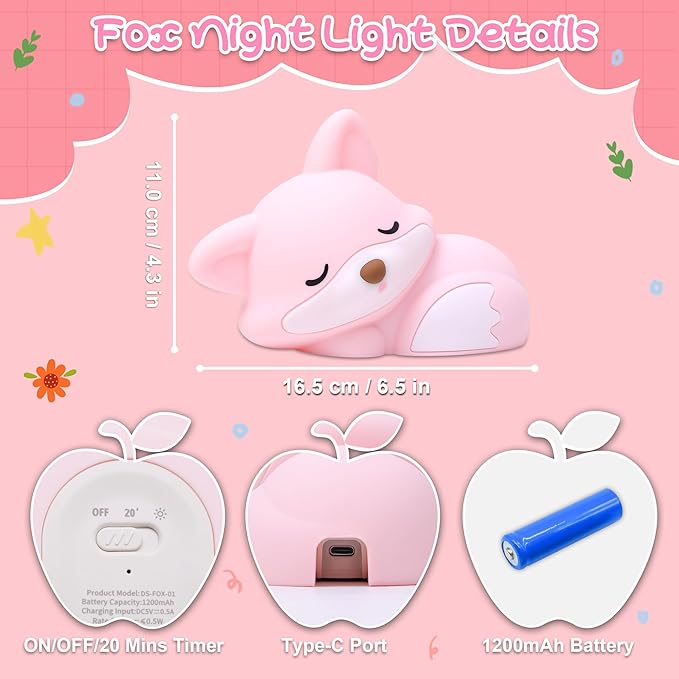 Fox Lamp for Girls, Pink Silicone Squishy Fox Shaped, 20 Mins Auto-Off Rechargeable Dimmable Night Light, Fox Gifts for Nursery Baby Girl Women, Christmas White Elephant Gifts Idea