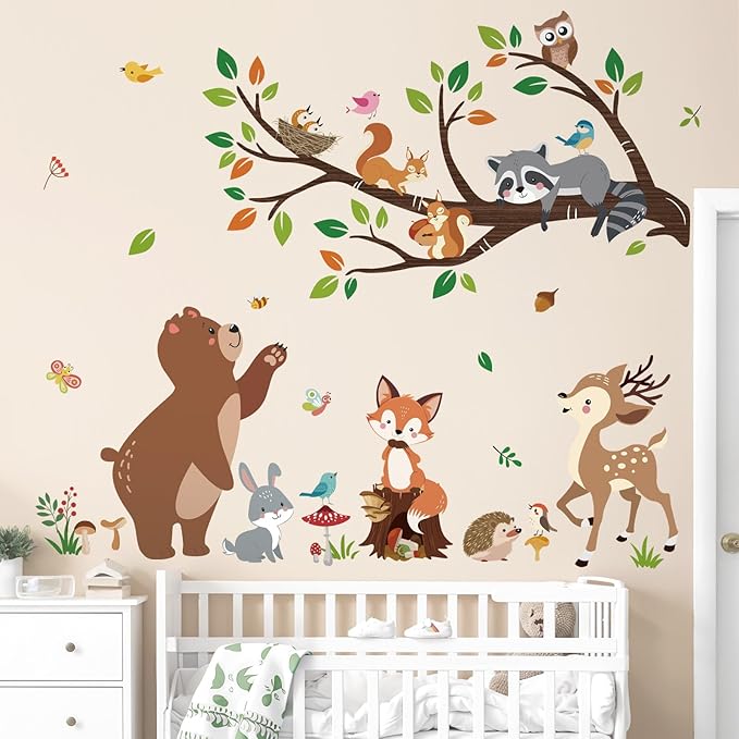 decalmile Woodland Animal Tree Branch Wall Decals Bear Fox Deer Forest Wall Stickers Kids Room Baby Nursery Bedroom Wall Decor