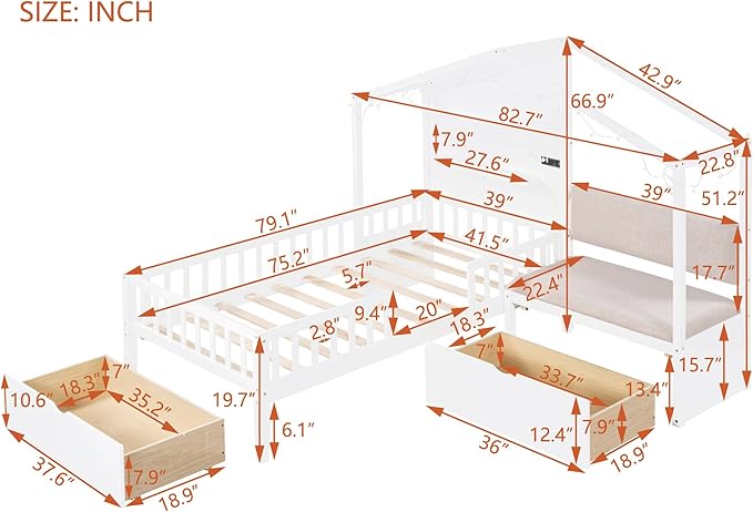 Twin Size House Bed with Upholstered Sofa and Safety Fence for Kids Boys Girls, Versatility Solid Wood Kids Platform Bed with Charging Station, Wireless Charging, Shelves and 2 Drawers (White-G1)