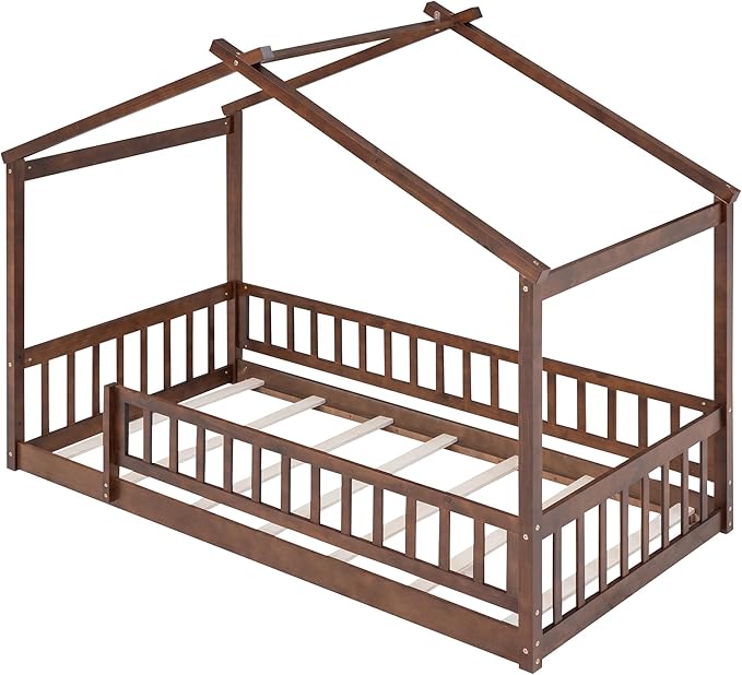 Merax Twin Size Wooden House Bed with Fence, Wood Bed Frame with Roof and Safety Guardrail for Kids, Teens, Boys or Girls, Walnut
